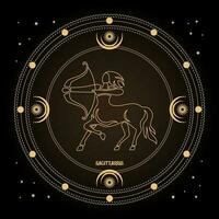 dierenriem teken boogschutter, astrologisch horoscoop teken in een mystiek cirkel met maan, zon en sterren. gouden ontwerp, vector
