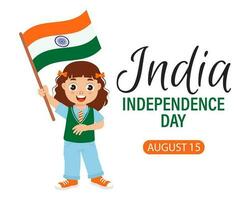 Indië onafhankelijkheid dag. schattig weinig meisje met Indië vlag. tekenfilm illustratie, banier, poster, vector