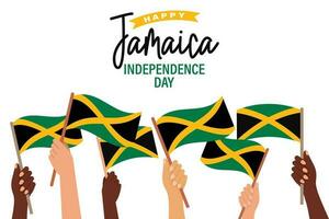 Jamaica onafhankelijkheid dag. multiraciaal handen met Jamaica vlaggen. Jamaica onafhankelijkheid dag spandoek. illustratie, poster, vector