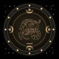 Steenbok dierenriem teken, astrologisch horoscoop teken in een mystiek cirkel met maan, zon en sterren. gouden ontwerp, vector