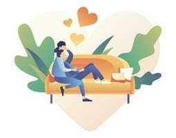 liefhebbend paar uitgeven tijd of ontspannende samen. Mens en vrouw zitten Aan de sofa in de huis atmosfeer. romantisch datum concept. tekens Valentijn dag. modern vlak tekenfilm stijl. vector illustratie