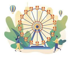 amusement park concept. klein mensen met draaimolens, rol achtbaan, lucht ballon, circus, pret eerlijk en carnaval. modern vlak tekenfilm stijl. vector illustratie
