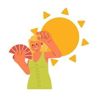 zonnig zomer uitputting vlak concept vector plek illustratie. Europese vrouw koeling naar beneden met hand- ventilator 2d tekenfilm karakter Aan wit voor web ui ontwerp. geïsoleerd bewerkbare creatief held beeld