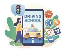 het rijden school. bestuurder licentie. klein meisje aan het studeren in rit les en voorbijgaan examens online gebruik smartphone. verkeer reglement. weg borden.modern vlak tekenfilm stijl. vector illustratie Aan wit achtergrond