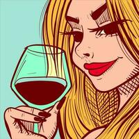 digitaal kunst van een blond vrouw met rood lippen vasthoudend cocktail. elegant vrouw drinken een glas van wijn vector