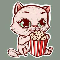 difitaal kunst van een schattig kat met groot ogen aan het eten popcorn van een groot emmer. vector van een kawaii pot tekenfilm aan het kijken een film en hebben snacks