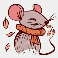 illustratie van een schattig muis met een sjaal en bladeren in de omgeving van het. vector van een klein muis met herfst gevoel