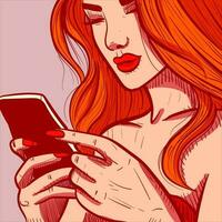 digitaal kunst van een roodharige vrouw browsen en scrollen Aan haar telefoon. influencer typen Aan haar smartphone en op zoek Bij de scherm vector