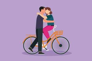 tekenfilm vlak stijl tekening romantisch paar zittend Aan fiets en zoenen elk ander. liefde relaties, liefde verhaal, pasgetrouwde familie in huwelijksreis op reis avontuur. grafisch ontwerp vector illustratie