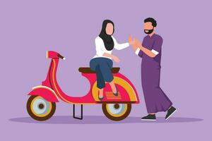 grafisch vlak ontwerp tekening ruiters paar reis reizen. romantisch huwelijksreis momenten zittend en pratend Aan motorfiets. Arabisch Mens met mooi vrouw rijden scooter. tekenfilm stijl vector illustratie