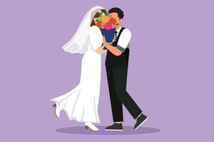 grafisch vlak ontwerp tekening van schattig getrouwd paar knuffelen en zoenen achter boeket van bloemen. gelukkig knap Mens en mooi vrouw vieren bruiloft verjaardag. tekenfilm stijl vector illustratie