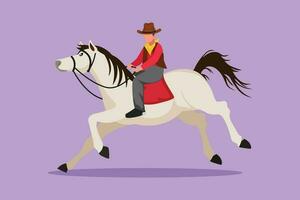 tekenfilm vlak stijl tekening van de wild west en woestijn met cowboy rijden paard. sterk mustang en persoon buitenshuis Bij zonsondergang. gestileerde cowboy en paard icoon of logo. grafisch ontwerp vector illustratie