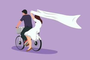 grafisch vlak ontwerp tekening romantisch paar hebben pret Aan datum rijden fiets. terug visie van romantisch tiener- paar rijden fiets Bij avond. jong Mens en vrouw in liefde. tekenfilm stijl vector illustratie