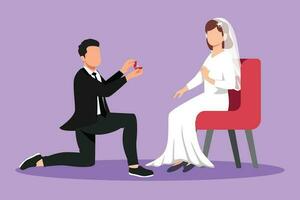grafisch vlak ontwerp tekening Mens maakt huwelijk voorstel naar vrouw terwijl zittend Aan stoel met bruiloft jurk en geven ring. bruid en bruidegom vieren hun verloving. tekenfilm stijl vector illustratie
