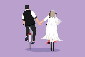 karakter vlak tekening gelukkig romantisch getrouwd paar rijden fietsen terug naar camera en Holding handen. jong knap Mens en schattig vrouw in liefde vervelend bruiloft jurk. tekenfilm ontwerp vector illustratie