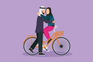 tekenfilm vlak stijl tekening romantisch Arabisch paar zittend Aan fiets en zoenen elk ander. relaties, liefde verhaal, pasgetrouwde familie in huwelijksreis op reis avontuur. grafisch ontwerp vector illustratie