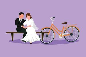 tekenfilm vlak stijl tekening romantisch getrouwd paar chatten terwijl zittend Aan bank. gelukkig paar nemen rust uit van rijden fiets. Mens en vrouw in liefde met bruiloft jurk. grafisch ontwerp vector illustratie