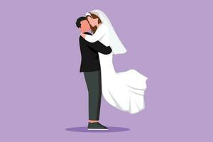 tekenfilm vlak stijl tekening romantisch getrouwd paar in liefde zoenen en knuffelen met bruiloft jurk. gelukkig Mens draag- een mooi vrouw in bruiloft partij viering. grafisch ontwerp vector illustratie