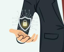 cyber veiligheid en netwerk gegevens bescherming, zakenman Holding internet netwerk veiligheid hangslot encryptie, veiligheid van persoonlijk gegevens van bescherming tegen digitaal aanvallen vector