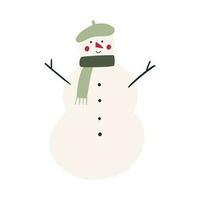 schattig hand- getrokken sneeuwman in sjaal en hoed, tekenfilm vlak vector illustratie geïsoleerd Aan wit achtergrond. vrolijk kinderachtig karakter. Kerstmis winter vakantie viering feest.