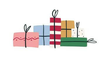 groot stapel of stack van kleurrijk geschenk dozen, hand- getrokken vlak vector illustratie geïsoleerd Aan wit achtergrond. presenteert voor Kerstmis of verjaardag vakantie viering.