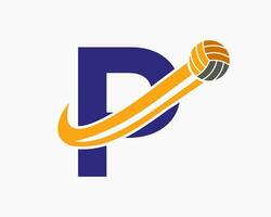 brief p volleybal logo concept met in beweging volley bal icoon. volleybal sport- logotype sjabloon vector