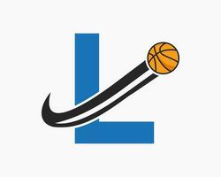 eerste brief l basketbal logo concept met in beweging basketbal icoon. mand bal logotype symbool vector