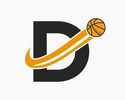 eerste brief d basketbal logo concept met in beweging basketbal icoon. mand bal logotype symbool vector