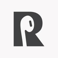 brief r muziek- logo concept met oortelefoon icoon vector sjabloon