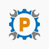 brief p reparatie logo uitrusting technologie symbool. bouw onderhoud logo ontwerp vector