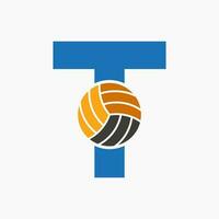 brief t volleybal logo concept met in beweging volley bal icoon. volleybal sport- logotype sjabloon vector