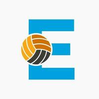brief e volleybal logo concept met in beweging volley bal icoon. volleybal sport- logotype sjabloon vector