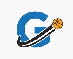 eerste brief g basketbal logo concept met in beweging basketbal icoon. mand bal logotype symbool vector