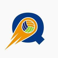 brief q volleybal logo concept met in beweging volley bal icoon. volleybal sport- logotype sjabloon vector