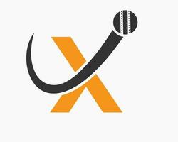 brief X krekel logo concept met in beweging bal icoon voor krekel club symbool. cricketspeler teken vector