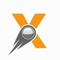 brief X golf logo concept met in beweging golf bal icoon. hockey sport- logotype symbool vector sjabloon