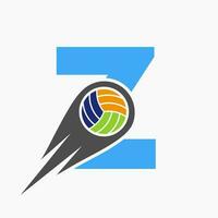 brief z volleybal logo concept met in beweging volley bal icoon. volleybal sport- logotype sjabloon vector