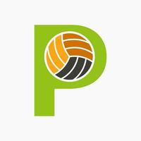 brief p volleybal logo concept met in beweging volley bal icoon. volleybal sport- logotype sjabloon vector