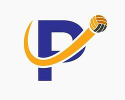 brief p volleybal logo concept met in beweging volley bal icoon. volleybal sport- logotype sjabloon vector
