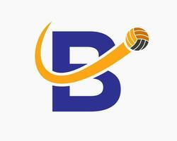 brief b volleybal logo concept met in beweging volley bal icoon. volleybal sport- logotype sjabloon vector