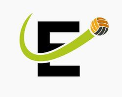 brief e volleybal logo concept met in beweging volley bal icoon. volleybal sport- logotype sjabloon vector