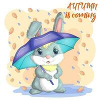 tekenfilm konijn, haas met een paraplu. herfst, schattig kinderachtig karakter, symbool van 2023 Chinese nieuw jaar vector