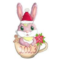 een schattig tekenfilm konijn in een de kerstman hoed zit in een kop met koekjes en kerstster. winter 2023, Kerstmis en nieuw jaar vector