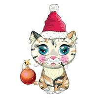 schattig tekenfilm kat in de kerstman hoed met geschenk, Kerstmis bal, snoep kane. winter 2023, Kerstmis en Chinese nieuw vector