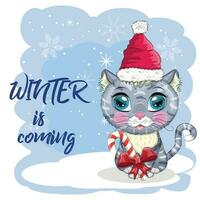 schattig tekenfilm kat in een de kerstman hoed Aan een achtergrond van sneeuw. winter 2023, Kerstmis en Chinese nieuw jaar. vector