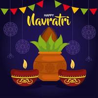 happy navratri-vieringsposter met plant in keramiek en kaarsen vector