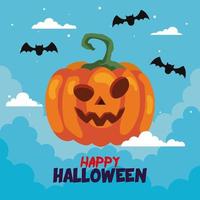 happy halloween banner met pompoen en vleermuizen vliegen vector