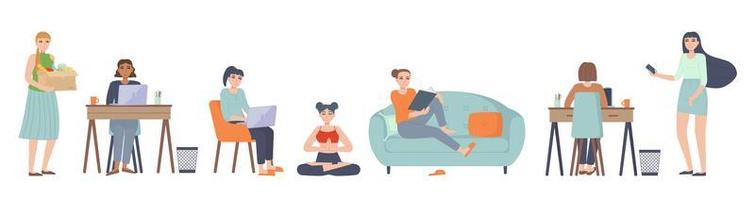 vrijetijdsactiviteiten tekenset zittend op sofabank met laptop lezen leren thuis werken meditatie thuis binnen hobby en levensstijl ontspanning laatste keer concept voorraad vectorillustratie geïsoleerd op een witte achtergrond in platte cartoon styl vector