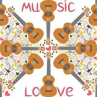 ukulele naadloos patroon, ukelele. patroon met monster, bladeren, bloemen, notities, inscripties vector