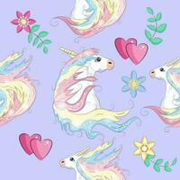 naadloos patroon met schattig eenhoorns, wolken, regenboog en sterren. magie achtergrond met weinig eenhoorns vector